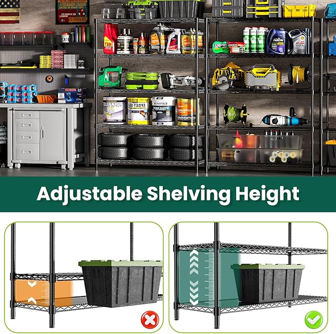 RackBro 48" W Storage Shelves 1875LBS Metal Shelving, 5-Tier Adjustable Wire Shelving Unit with Liners, Heavy Duty Garage Shelving Steel Rack for Commercial Pantry, 48" W x 18" D x 72" H, Black