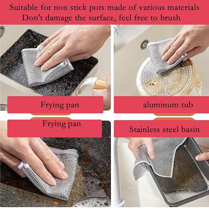 xingjieyun 10-Pack Double-Layer Dry/Wet Dual-Use Metal Wire Non-Scratch Cloth Multi-Purpose Magic Cleaning Cloth Silver Wire Dish Cloth for Cookware, Tableware, Sink, Stove Cleaning, etc.(10PCS)