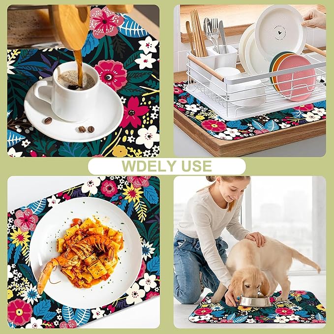 Kitchen Mat Abstract Solid Flowers Dish Drying Mat 12"x19" Bsorbent Coffee Maker Mat for Sink Dishes or Under Rack Kitchen Counter Accessories Absorbent Hide Stain Rubber Backed Dish Drying Pad