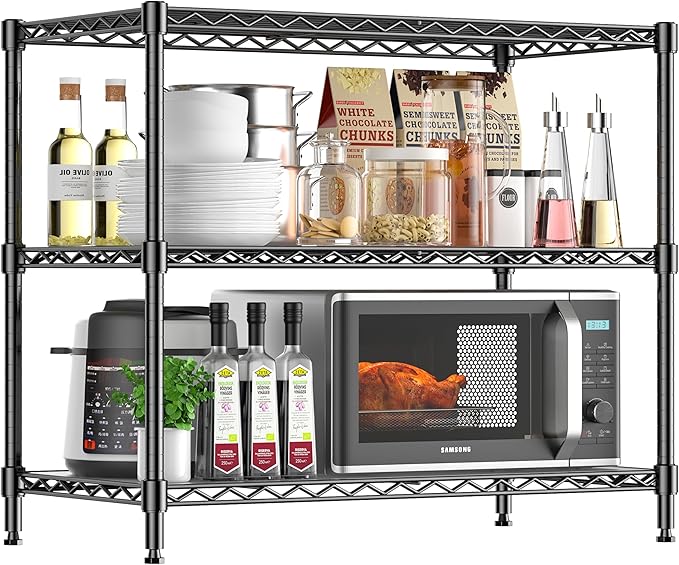 RackBro 3-Tier Storage Shelves 795LBS Metal Shelving Unit, Adjustable Wire Rack Small Shelf Organizer with 3 Shelf Liners for Kitchen Pantry Office Bedroom Closet Garage 24" W x 14" D x 30" H Black