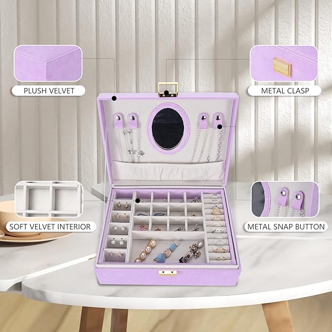 Dajasan Girl's Jewelry Box, Jewelry Organizer Box with Mirror, Velvet Jewelry Box for Little Girls Kids, Jewelry Gift Box for Christmas, Birthday, New Year (Purple)