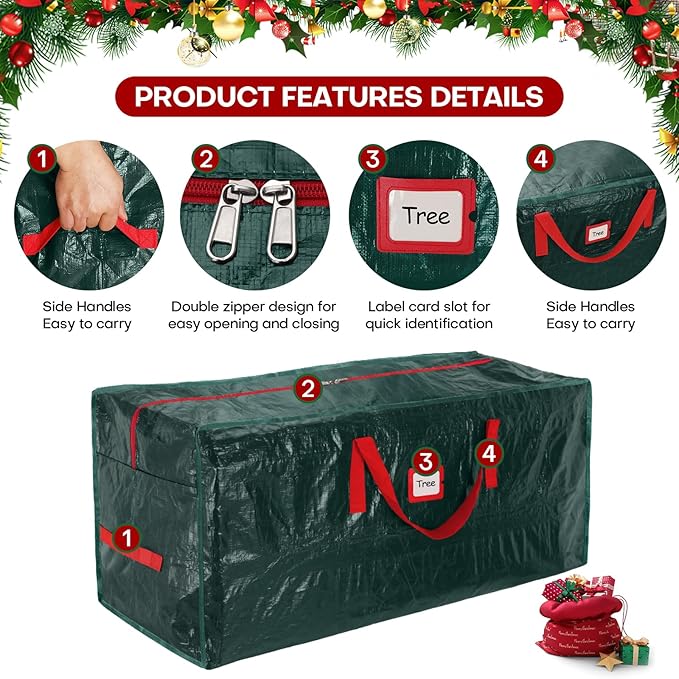 Christmas Tree Storage Bag, For 7.5ft Disassembled Xmas Tree, Heavy Duty Christmas Tree Storage Bag with Sturdy Handles, Tag Card Slot, Zipper, Dust-Resistant and Water-Resistant（Green）