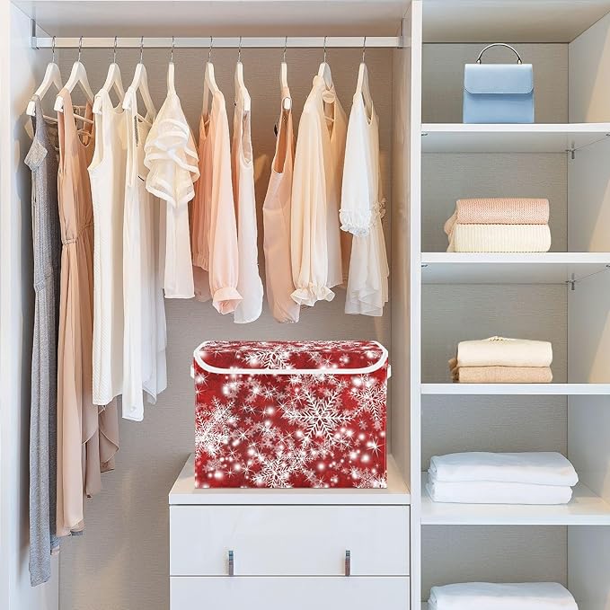 Christmas Baskets Collapsible Storage Bins with Lids, Christmas Background with Snowflakes Red Storage Boxes Clothes Baskets for Organizing