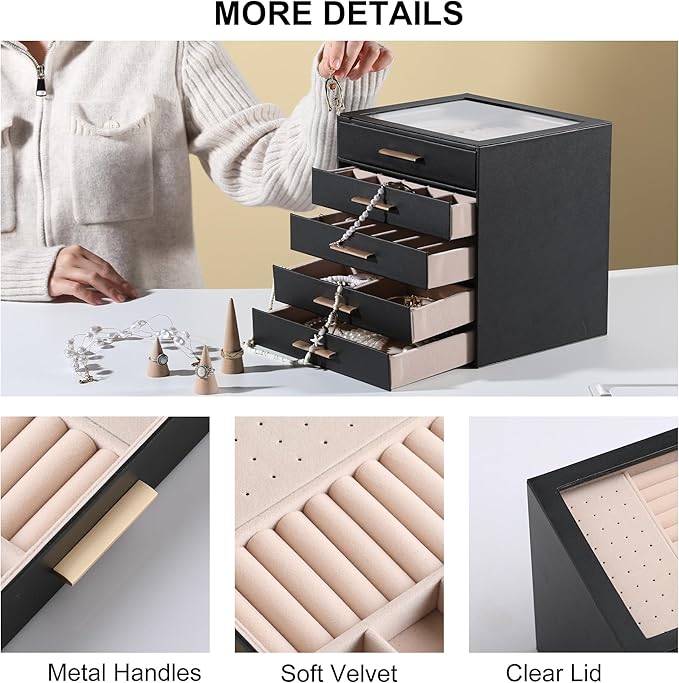 Frebeauty Clear Lid Jewelry Box,5-Layer Jewelry Organizer with Drawer,PU Leather Jewelry Organizers and Storage,Jewelry Boxes for Women,Jewelry Storage for Rings Earring Stud,Gift for Women(Black)