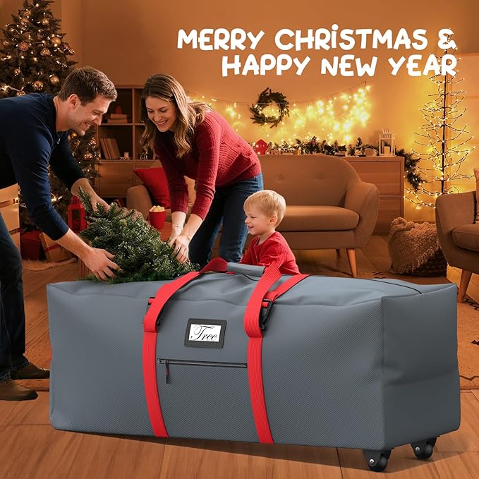 Mrrihand Christmas Tree Storage Bag, Large Artificial Anti-Tear Heavy-Duty 600D Oxford Cloth Xmax Christmas Tree Storage Box with Rolling Wheels, Christmas Tree Storage Container (Grey&Red, 9Ft)