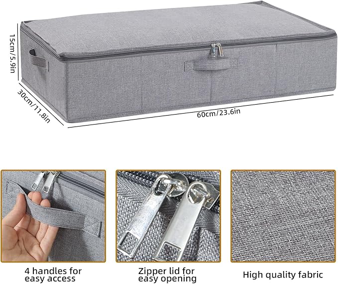 YheenLf Underbed Storage Organizers, 23.6 x 11.8 x 5.9 Inch Fabric Container Bags with Lids, Storage Boxes for Blanket, Pillows, Shoes, Grey, 3 Pack