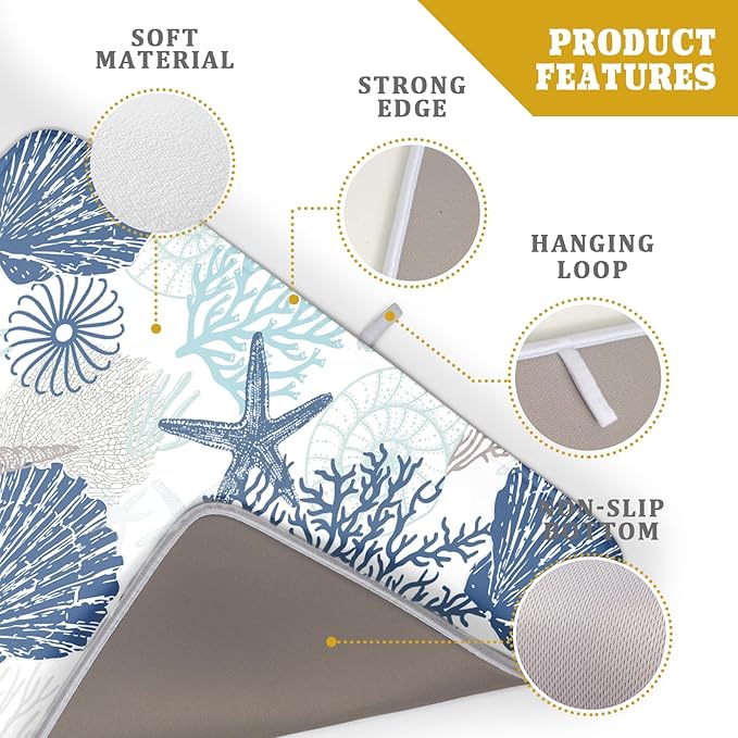 Summer Navy Blue Dish Drying Mat for Kitchen Counter 18×24 Inch Coral Drainer Pad Washable Starfish Dish Rack Pad Drainer Mat Beach Absorbent Reversible Microfiber Dish Drying Pad for Coffee Bar