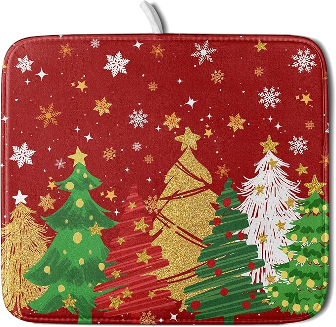 Christmas Dish Drying Mat 16 x 18 Inches Winter Red and Green Absorbent Reversible Microfiber Mats for Tree and Snowflake Pattern Dish Rack Pad Drainer Mat for Coffee Bar Decor