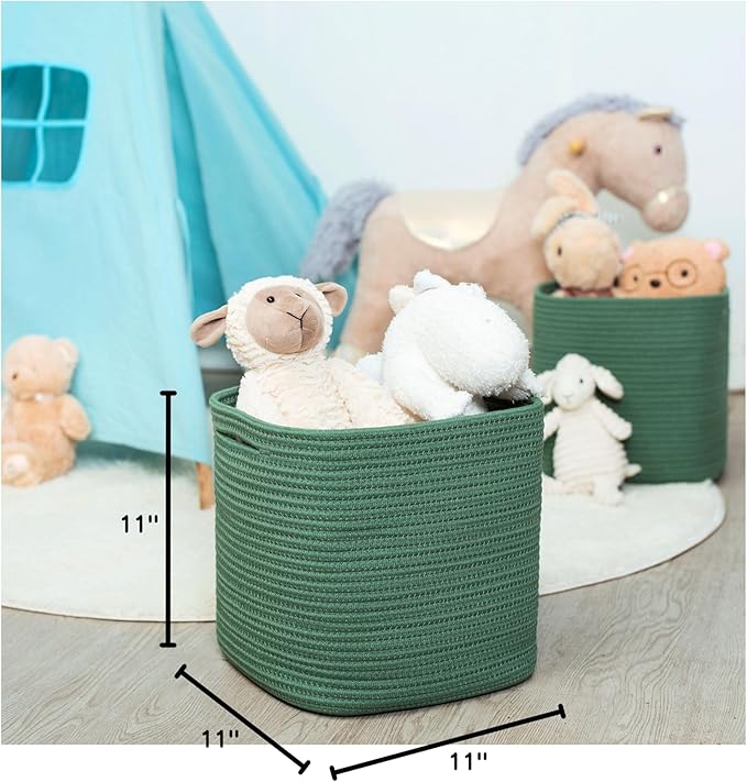 MINTWOOD Design 3-Pack 11x11 Inch Cube Storage Bin, Woven Storage Cube Organizer, Closet Organizer, Cute Square Storage Bins, Decorative Classroom Bathroom Pantry and Shelf Baskets, Green