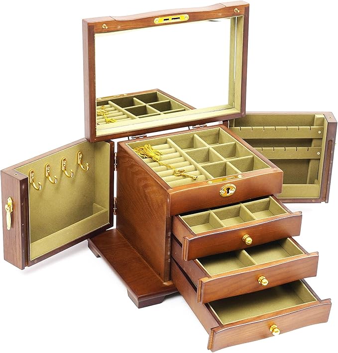 Eapmic Extra Large 4 Layers Wooden Jewelry Box Jewelry Case Cabinet Armoire Ring Necklacel Gift Storage Box Organizer (4 Layers,Brown)