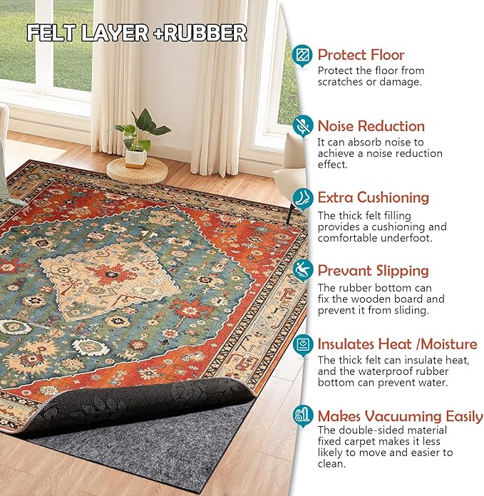 Waterproof Rug Pad, 7x9 Ft Under Area Rug Carpet Pad, Non Slip Rug Pads for All Floors and Hardwood Floors Finishes, Keep Carpets in Place Soft and Prevent Rug from Wrinkling or Buckling
