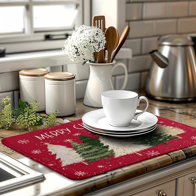 Wnoesat Merry Christmas Dish Drying Mat for Kitchen Counter 18x24 Inch Red Xmas Tree Snowflakes Drying Pad Winter Holiday Absorbent Microfiber Dish Draining Reversible Dish Drainer Rack Mat
