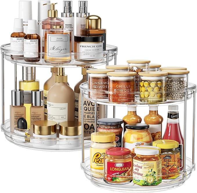 LazySpin 2 Pack 2 Tier Lazy Susan Organizer, 9.25'' Lazy Susan Turntable for Cabinet, Stackable Turntable Organizer Rotating Spice Rack Organization for Kitchen Countertop, Pantry, Bathroom, Clear