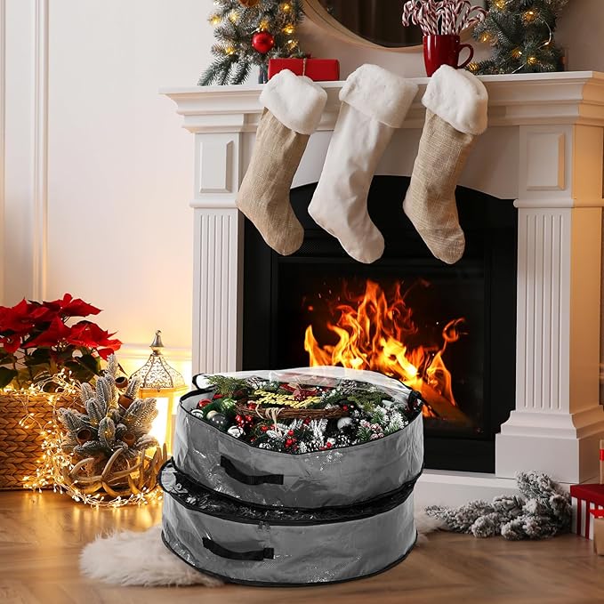 Aliceset 4 Pack Wreath Storage Containers, Christmas Ornament Garland Wreath Storage Bags with Handle Dual Zipper Large Decorative Storages Box for Winter Wreaths(24 x 24 x 7.8 Inch,Gray)