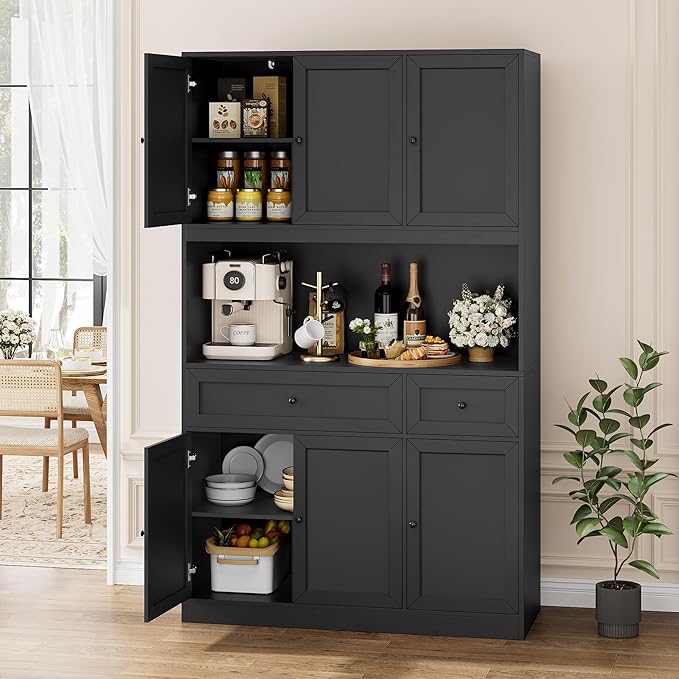 72" Kitchen Pantry Cabinet, Kitchen Hutch with Microwave Stand, Buffet Cabinet with Hutch for Dining Room, Black