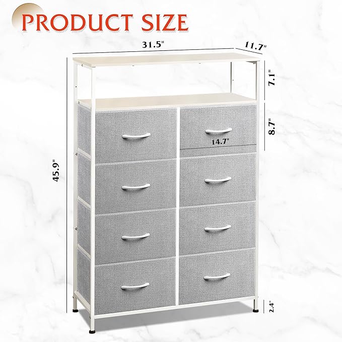 WLIVE Fabric Dresser for Bedroom with Open Shelves, Tall Dresser with 8 Drawers, Storage Tower with Fabric Bins, Chest of Drawers for Closet, Living Room, Hallway, Light Gray