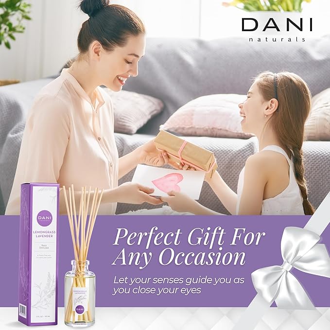 DANI Naturals Reed Diffuser Set - Calming Lavender Lemongrass Scent - Aromatherapy Essential Oils - Alcohol-Free, Non-Toxic - 10 Sticks - 3.5 oz
