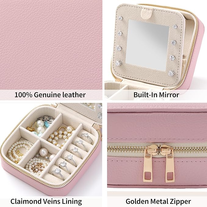 Genuine Leather Travel Jewelry Organizer Case with Mirror for Women, Small Mini Portable Jewelry Box for Ring Earrings Necklace Bracelet Luxury Gift for Women（Beige）