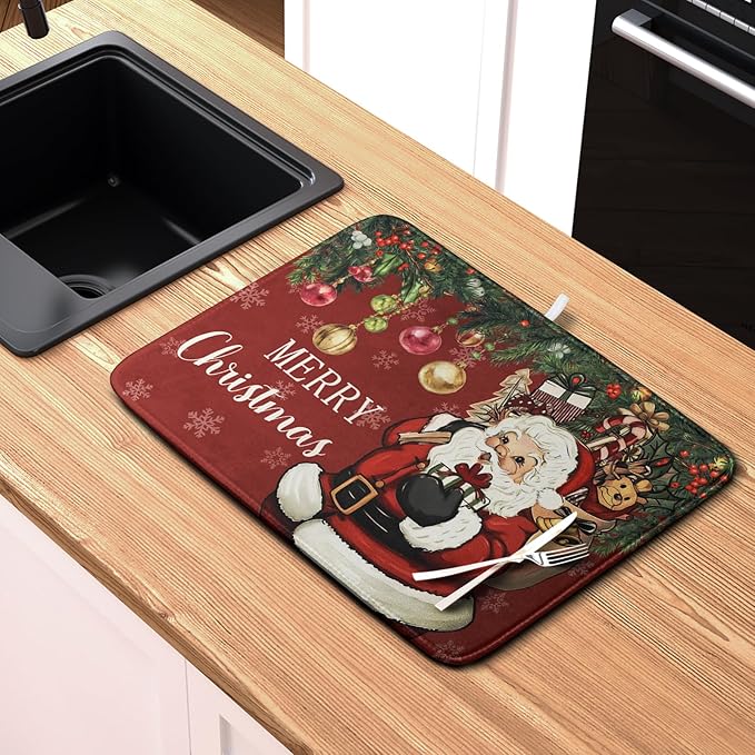 Kwlegh Merry Christmas Dish Drying Mat Santa Claus Kitchen Drainer Mats Microfiber Absorbent Winter Xmas Holiday Dishes Pad Reusable Dish Rack Mat for Countertop Tableware Decor 16x18 Inch