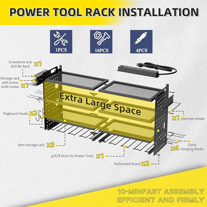 Power Tool Organizer Wall Mount with Charging Station, 4 Layers 8 Drill Holder, Heavy Duty Storage Utility Racks, Supports 600 lbs,Battery Shelf for Garage and Workbench (32 Inch 8 Drills Holder)