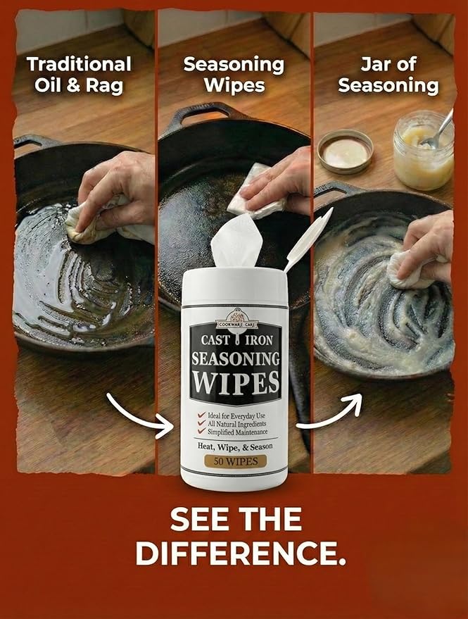 Cookware Care Cast Iron Seasoning Oil Wipes, 50 Count, Made in USA with Grapeseed Oil for Cast Iron Skillet, Blackstone Griddle - Ideal Blackstone Accessories Gift for Men/Dad