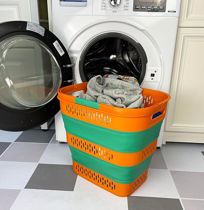 SAMMART 38L(10 Gal) Collapsible Laundry Basket - Foldable Pop-Up Storage Container/Organizer-Portable Space Saving Hamper, Measure 17.5x13.3x15.7"/3.8" Expanded/Collapsed (1, Autumn Leaf/Forest Green)