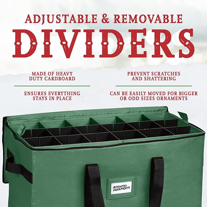 Christmas Ornament Storage Container,Box Stores Up to 54-4", Adjustable Dividers, Large Organizer Bin to Protect and Store Holiday Décor - Green