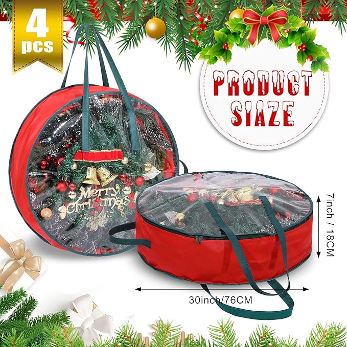 Shappy 4 Pcs Christmas Wreath Storage Bag Wreath Storage Container with Clear Window Plaid Box with Handles for Storing Garland Holiday Wrapping(Red,30 x 7 Inch)