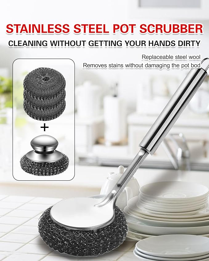 Soilleta 5Pcs Steel Wool Scrubber, Stainless Steel Scrubber Set with Long & Short Handle & 3Pcs Pads, Metal Scrubbers for Cleaning Kitchen,Household,Dishes,Wash Sink,Pots,Pans,Cast Iron,Grills,Stoves