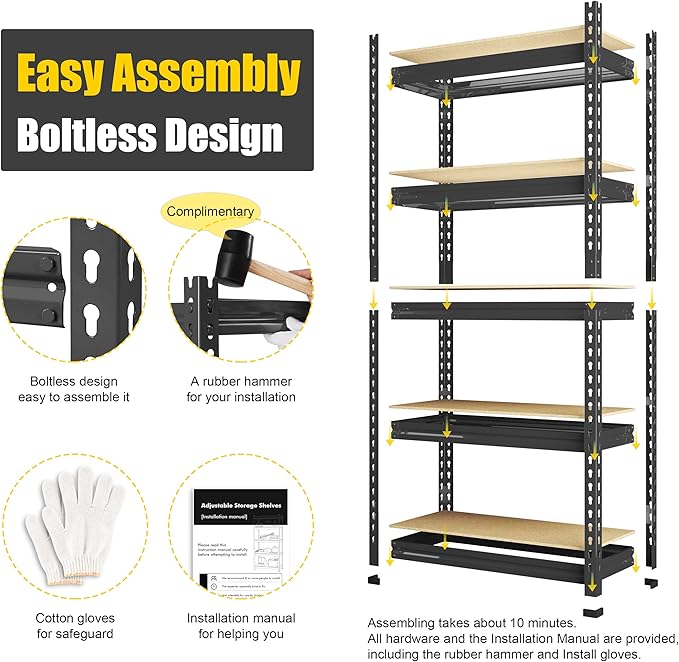 PrimeZone Storage Shelves, 27.5" W X 12" D X 59" H Adjustable Metal Heavy Duty Garage Shelving Unit, 5 Tier Industrial Standing Utility Rack Organizer for Warehouse, Pantry, Kitchen, Basement, Black