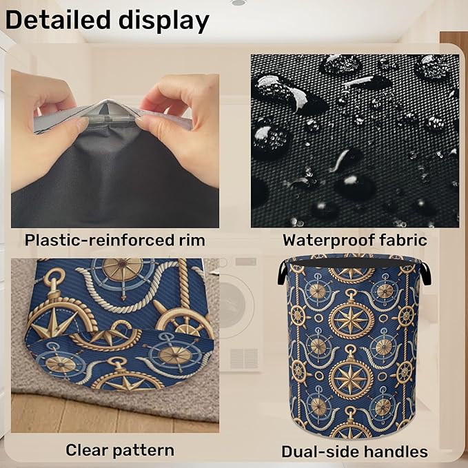 Navy Blue Sailor Anchor Laundry Basket with Handles - Extra Large Foldable Hamper for Bathroom/Laundry/Bedroom/Dorm, Washable Fabric Storage Bin