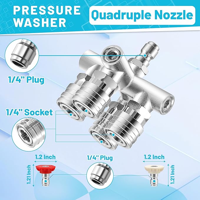 EZALOR Quadruple Pressure Washer Tips, 4 in 1 Power Washer Nozzle, 4 Nozzle for Pressure Washing with 16PCS Power Washer Spray Nozzles (0, 15, 25, 40 Degree), 1/4 Inch Quick Connect, 5000 PSI