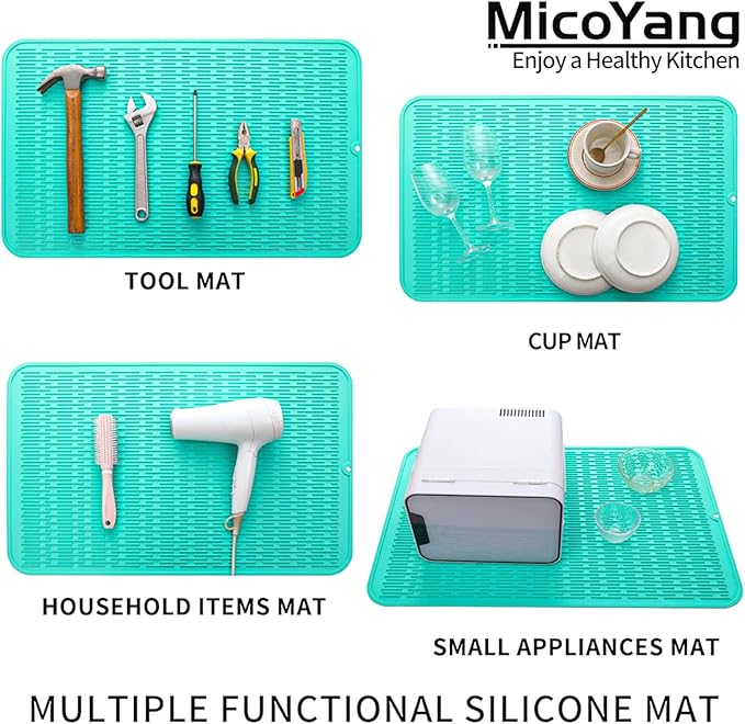 MicoYang Silicone Dish Drying Mat for Multiple Usage,Easy clean,Eco-friendly,Heat-resistant Silicone Mat for Kitchen Counter or Sink,Refrigerator or Drawer Liner Mint 3XL 28 inches x 18 inches