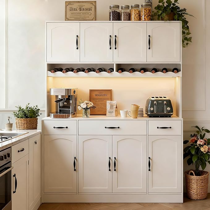 72" Tall Kitchen Pantry Cabinet with Charging Station 55" Wide Kitchen Hutch Cabinet with LED Light and Countertop Large Kitchen Pantry Storage Cabinet With Adjustable Shelves and Wine Rack