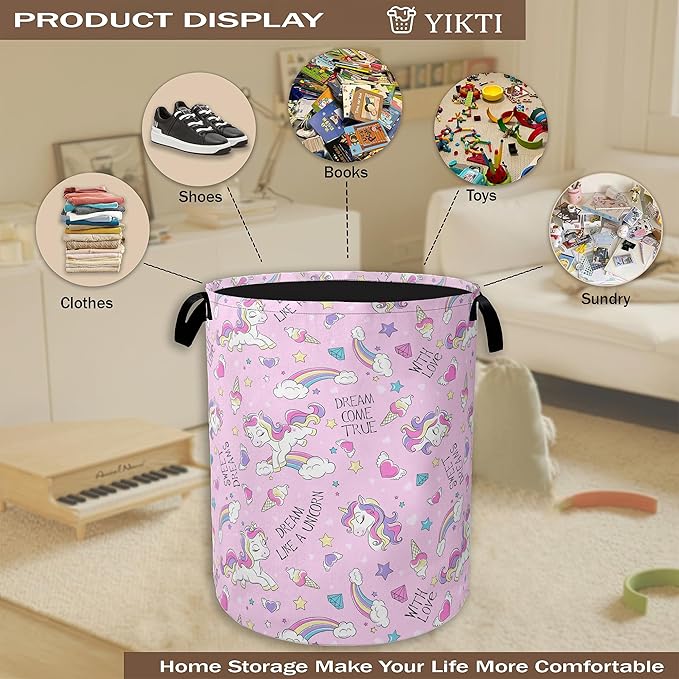 Laundry Hamper,Pink Unicorn Laundry Basket,Dreamy Rainbow Portable Collapsible Laundry Room Organization Storage for Dorm Room,Nursery,Bathroom,Bedroom,16x20 Inch