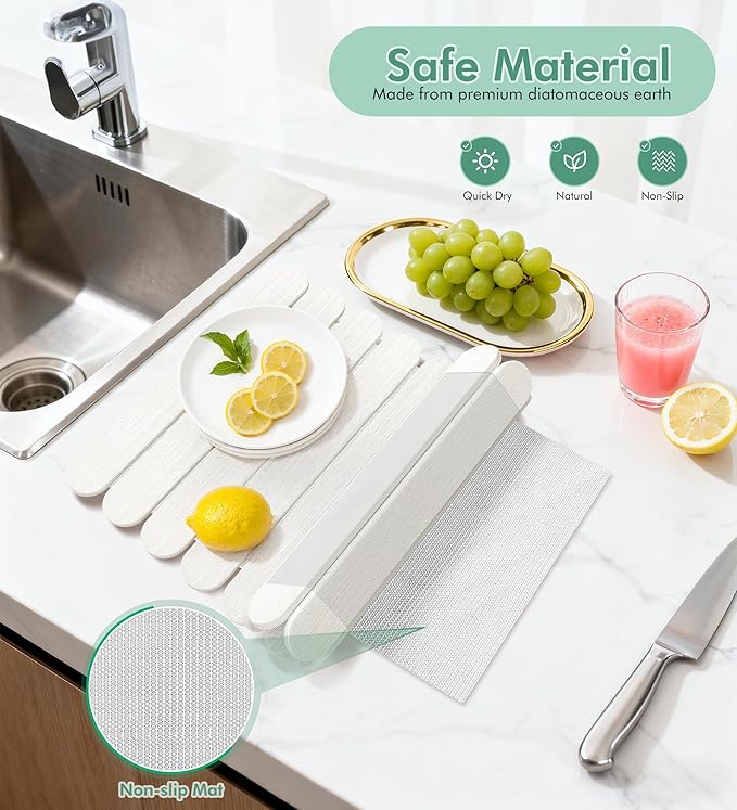 Large Stone Dish Drying Mat for Kitchen Counter, Quick Dry Diatomaceous Earth Stone Mat, Roll-Up Dish Mat for Dishes Bottles Cups, Super Absorbent & Non-Slip, 24"×16",White