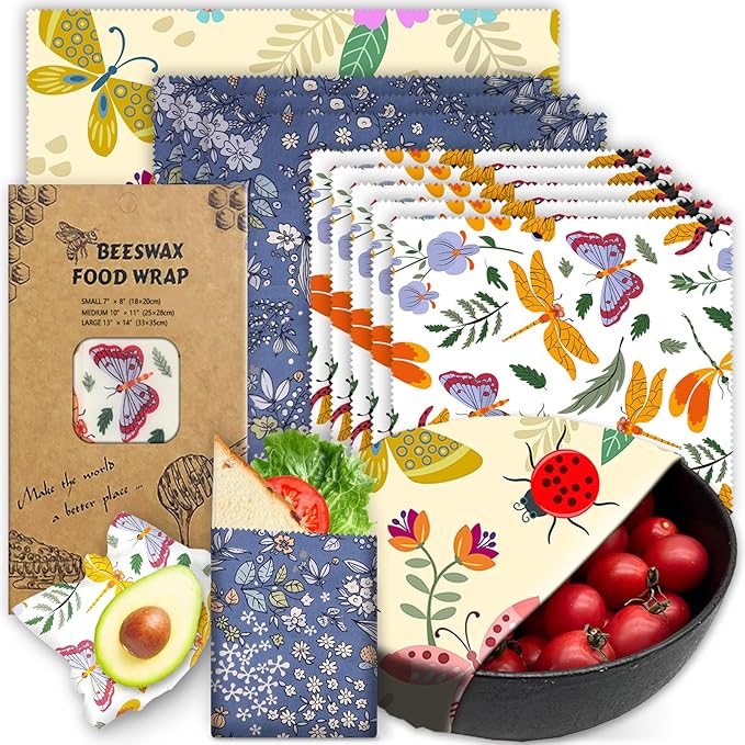 Beeswax Wrap, Beeswax Wraps For Food, Organic, Sustainable, Beeswax Food Wrap for Sandwich Storage, Reusable Beeswax Food Wrap 1L, 5M, 3S Butterfly Patterns Beeswax Paper, 9 Pack Set