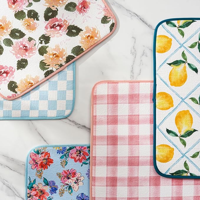 FRESHMINT Printed Dish Drying Mat for Kitchen Counter 2 Pack Absorbent Reversible Drying Mats Microfiber Kitchen Drying Mat, Extra Large Dishes Drainer Mats (18"x16", Lemon)