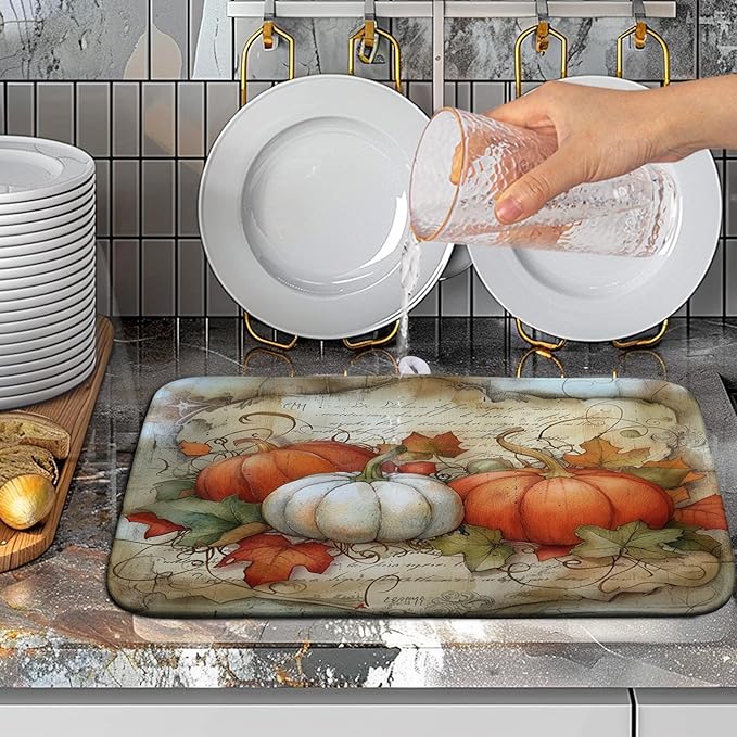 Wnoesat Fall Pumpkin Maple Leaf Dish Drying Mat for Kitchen Counter 16x18 Inch Vintage Autumn Leaves Thanksgiving Drying Mat Seasonal Ultra Absorbent Dish Drainer Rack Mats for Coffee Bar Kitchen