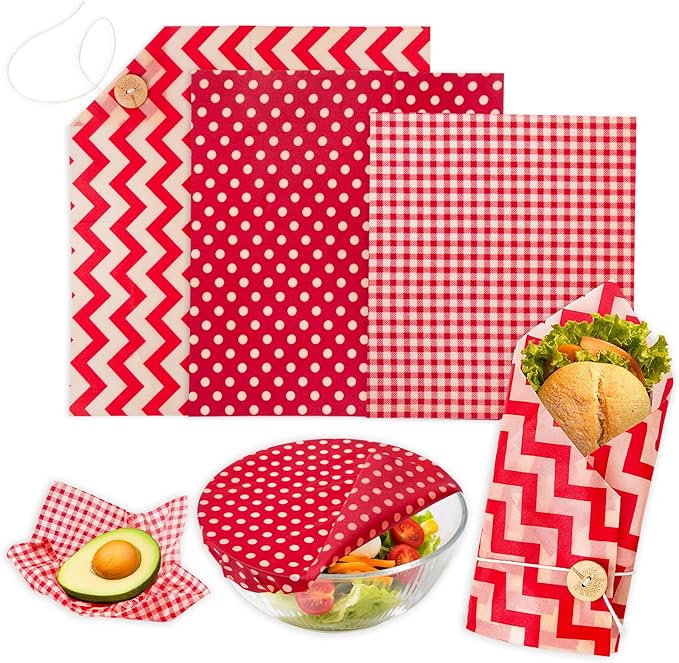 Beeswax Wraps for Food, 3 Pack (S, M, L) Reusable Food Wraps, Bread Sandwich Wrap, Beeswax Paper with Bukcle, Zero Waste, Plastic-Free Food Storage Wrap