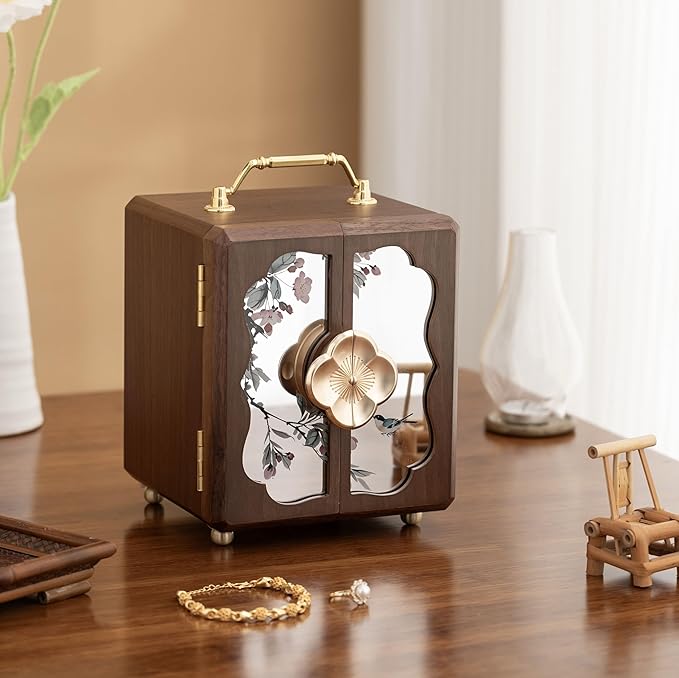 Black Walnut Jewelry Organizer, Wooden Jewelry Box with Gold Handle & Mirrored Flowers, 4 Layers of Storage | Perfect for Anniversaries, Birthdays, Weddings (Brown, 6.29"D x 5.9"W x 7.08"H)