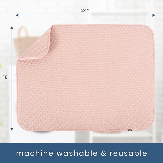 S&T INC. Dish Drying Mat XL, 18” x 24”, Absorbent Microfiber Kitchen Counter Mat, Drying Pad for Dishes, Utensils, Pots and Pans, Extra Large, Diamond Texture, Pink