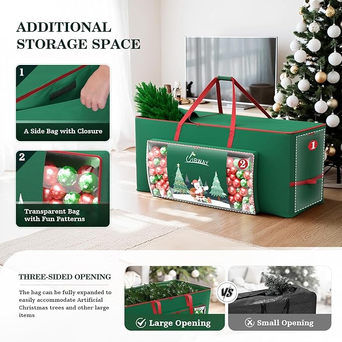UIRWAY Christmas Tree Storage Bag- Fit for 7.5ft Artificial Trees, 600D Oxford Christmas Tree Bag with Transparent Pouch & Side Pocket, Extra Large Tree Bags with Sturdy Handles & Dual Zipper, Green