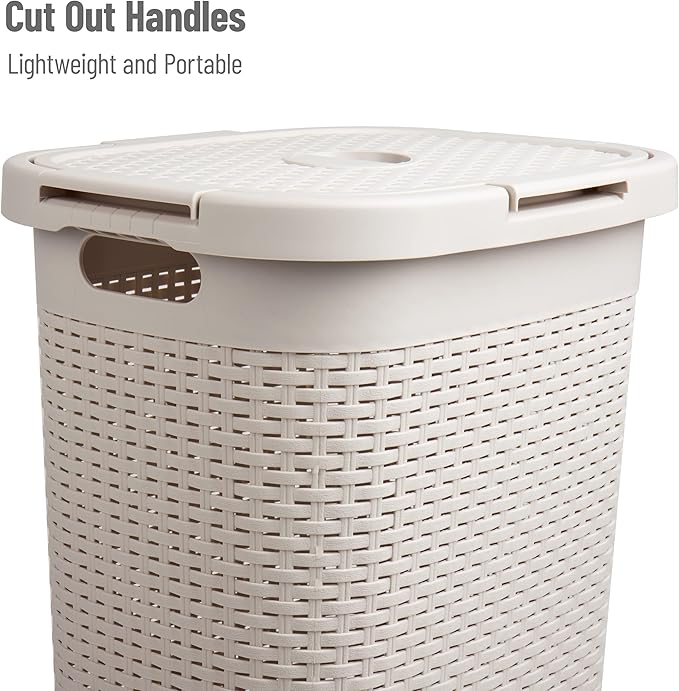 Mind Reader Slim Laundry Hamper with Lid, 60L Clothes Baskets, Premium Wicker Design, Plastic, 2-Pack, Ivory