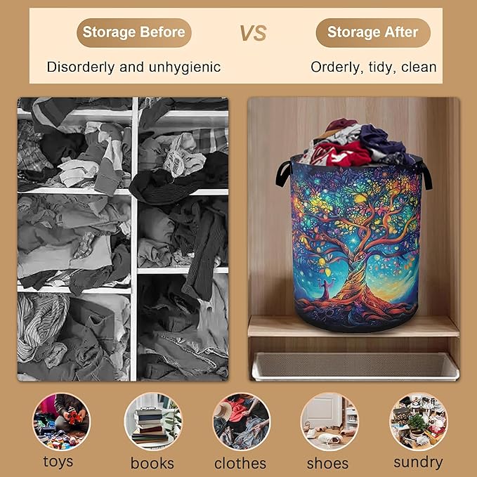 Cosmic Tree Laundry Hamper,Collapsible Laundry Baskets,Tree of Life Dirty Clothes Baskets with Handles,Oxford Cloth Hamper for Bedroom,Bathroom,College Dorms, 16"x20"