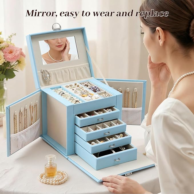 EnHomee Jewelry Box for Women, 5-Layer Large Jewelry Organizer with Mirror & 4 Drawers for Rings, Earrings, Necklaces, Bracelet Lockable Case with Lock (Blue + Silver)