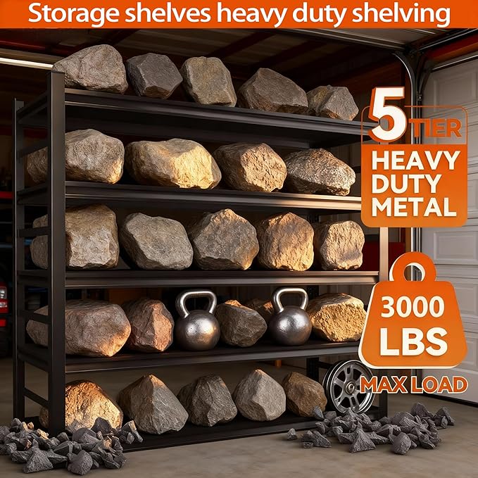 Metal Garage Shelving Unit, Heavy Duty 5-Tier Adjustable Storage shelves, Steel Shelving, 3000 lbs Capacity, Industrial Shelves for Heavy Tools and Equipment, Ideal for Garage, Basement, Black, 72"