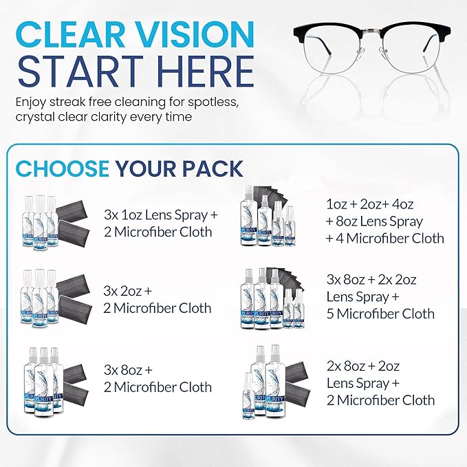 Purity Eyeglass Lens Cleaner Spray Kit - 3 x 8oz Lens Cleaner Spray Bottle + 2 Microfiber Cloth for Cleaning - Safe for All Lenses (AR Coated Included), Eyeglasses and Screens