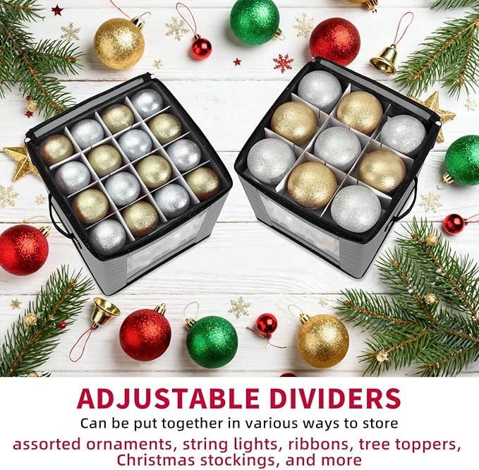 Christmas Ornament Storage Box With Adjustable Dividers,Ornament Storage Container with Two Handles for 64Holiday Decorations,Gray