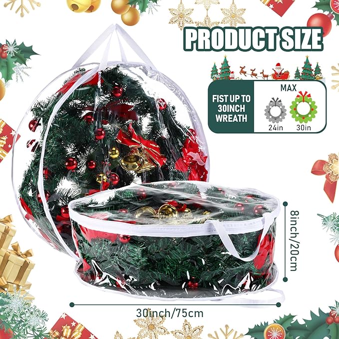 Zhengmy 15 Pcs 30 Inch Christmas Wreath Storage Bags Transparent Wreath Storage Container Bulk Wreaths Box with Dual Zippers and Handles for Xmas Holiday Wreaths Garland